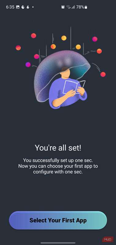 صفحهٔ تکمیل مجوزها در برنامهٔ one sec.