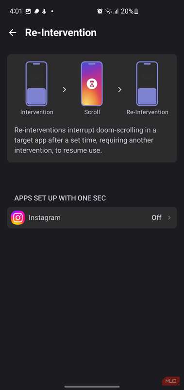 صفحهٔ تنظیمات دوباره‑مداخله در برنامهٔ one sec.
