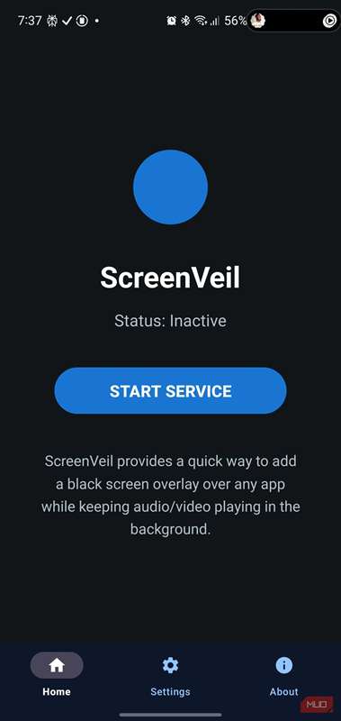 واجهة اصلی ScreenVeil که وضعیت غیرفعال و دکمهٔ آبی بزرگ «Start Service» را نشان می‌دهد.