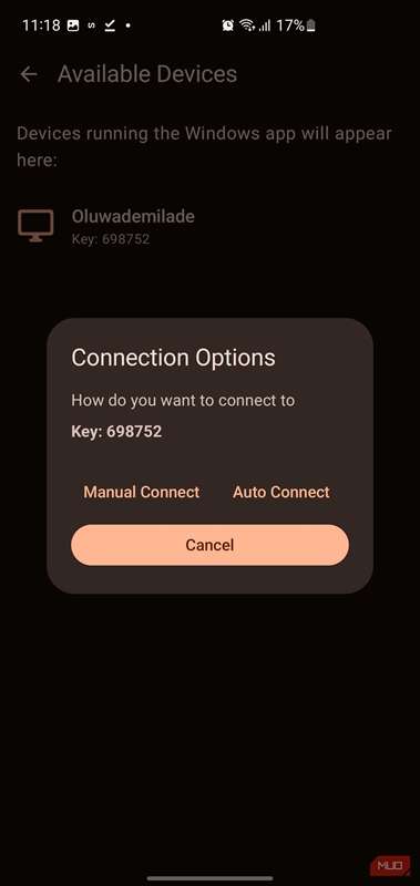 برنامه موبایل سِفیره که پنجره گزینه‌های اتصال را نمایش می‌دهد.