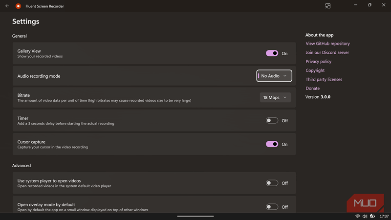 منوی تنظیمات Fluent Screen Recorder.