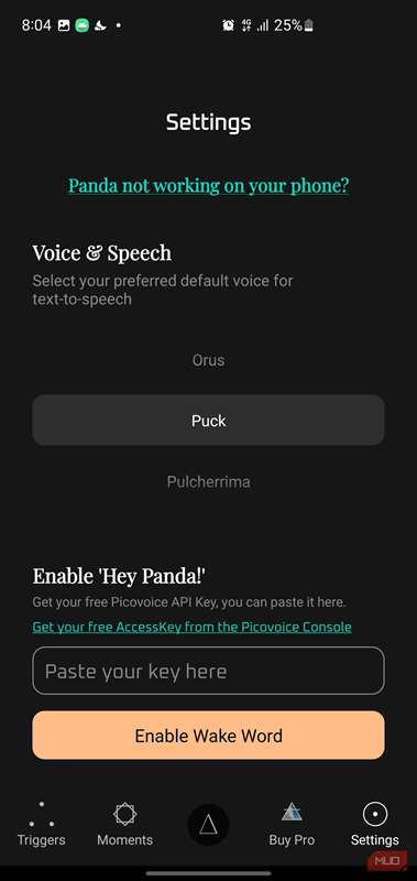 منوی تنظیمات که گزینه‌های انتخاب صدا را نشان می‌دهد.