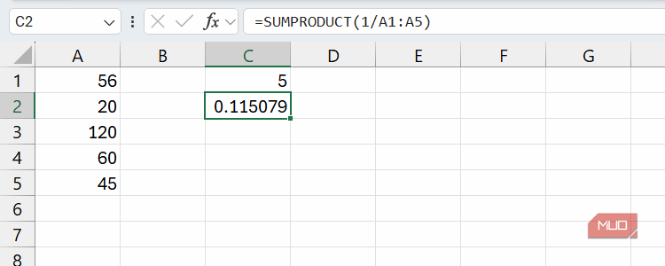 تابع SUMPRODUCT در Excel هنگام محاسبهٔ میانگین هارمونیک