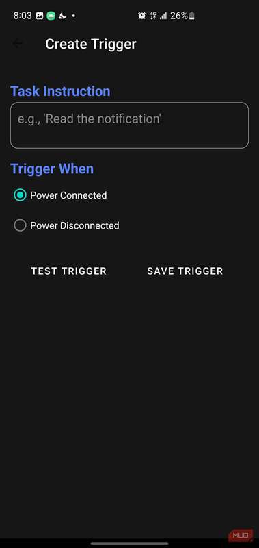صفحهٔ پیکربندی Trigger که یک کار را بر اساس وضعیت شارژ دستگاه تنظیم می‌کند.