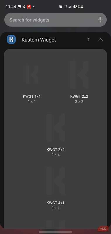 منوی انتخاب ویجت برای Kustom Widget که گزینه‌های مختلف اندازه شبکه را نشان می‌دهد.