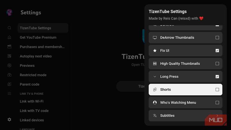 تنظیمات TizenTube که گزینه‌های غیرفعال کردن Shorts را نشان می‌دهد