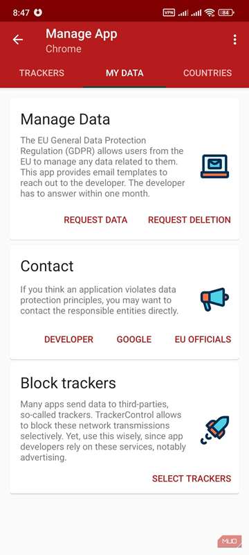 صفحه داده‌های من در TrackerControl.