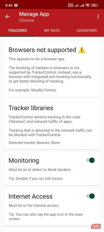 صفحه برنامه TrackerControl نشان‌دهنده عدم پشتیبانی مرورگرها.