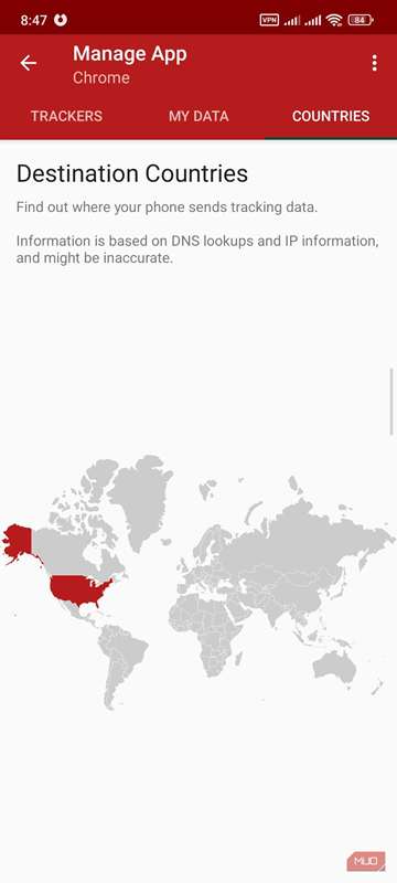 صفحه برنامه TrackerControl نشان‌دهنده کشورهای مقصد داده‌ها.