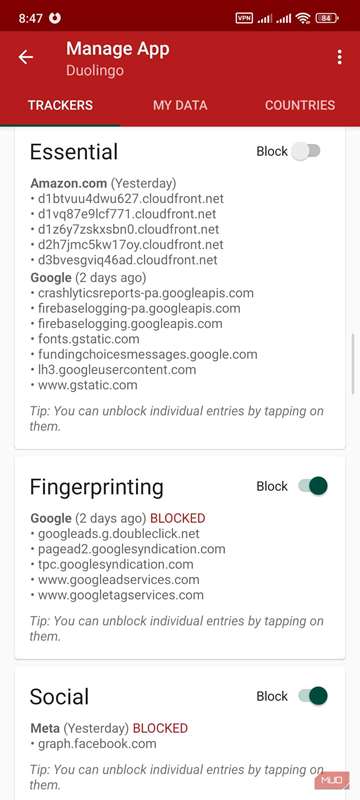 صفحه برنامه TrackerControl نشان‌دهنده ردیاب‌ها.