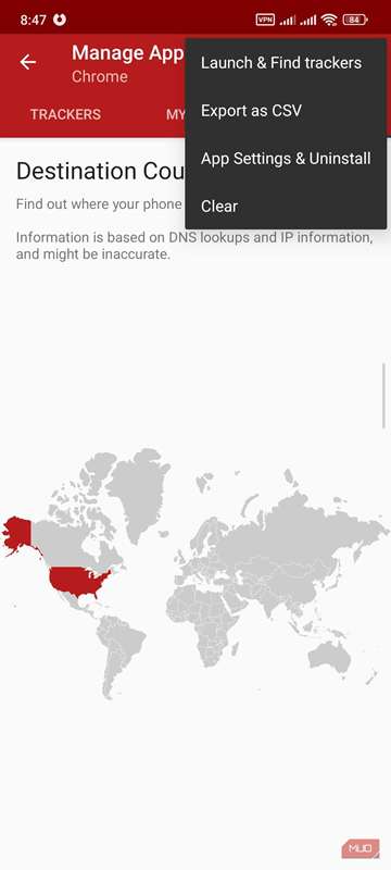 منوی جانبی صفحه برنامه TrackerControl گزینهٔ استخراج داده‌ها.