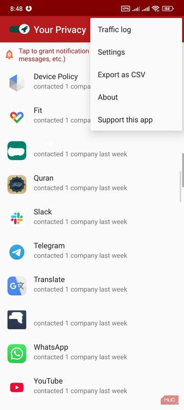 منوی جانبی TrackerControl نمایش تنظیمات