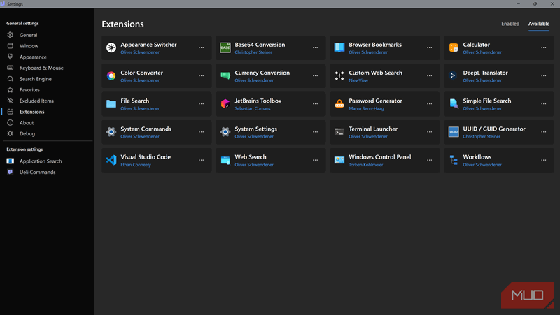 Ueli فقط از افزونه‌های داخلی پشتیبانی می‌کند