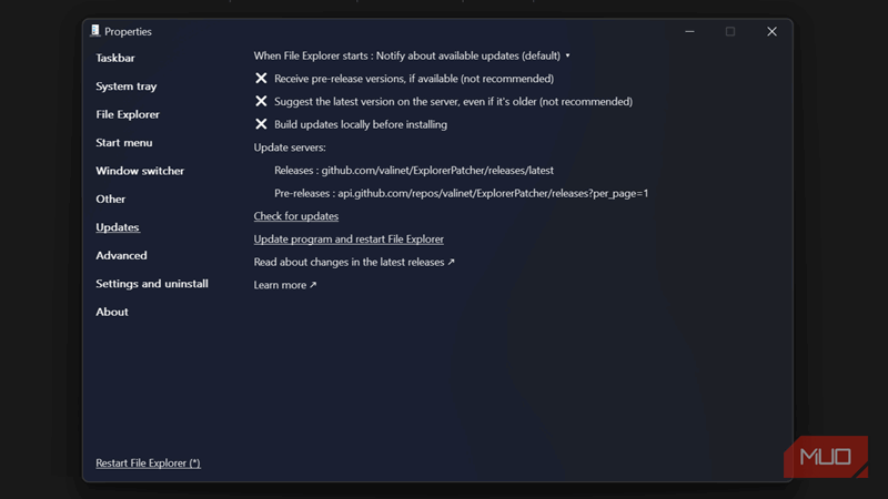 تنظیمات به‌روزرسانی‌ها در ExplorerPatcher.