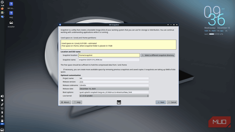 استفاده از MX Snapshot در MX Linux که بر روی درایو Ventoy اجرا می‌شود