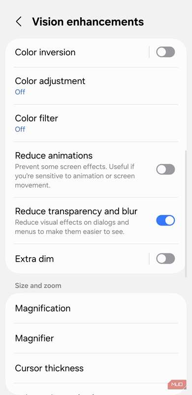 منوی بهبود بینایی در گوشی اندروید