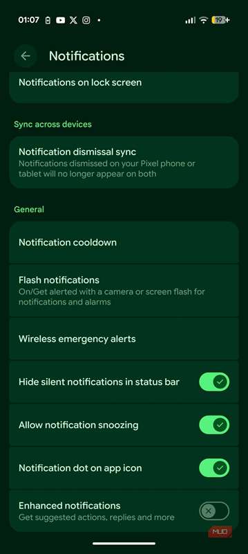 زبانه عمومی اعلان‌ها در گوگل پیکسل ۱۰ پرو