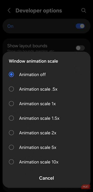 منوی انیمیشن پنجره در اندروید