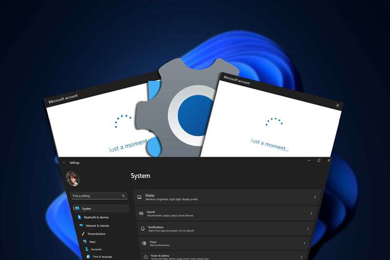 برنامه تنظیمات ویندوز ۱۱ با پنجره‌های بارگذاری و علائم تعجب