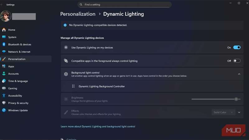 تنظیمات نورنگاری پویا ویندوز