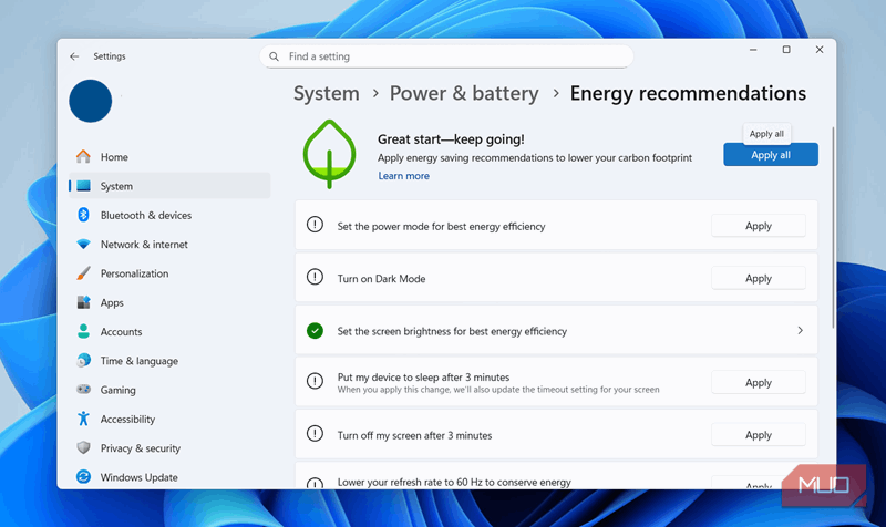 توصیه‌های انرژی ویندوز در برنامه تنظیمات