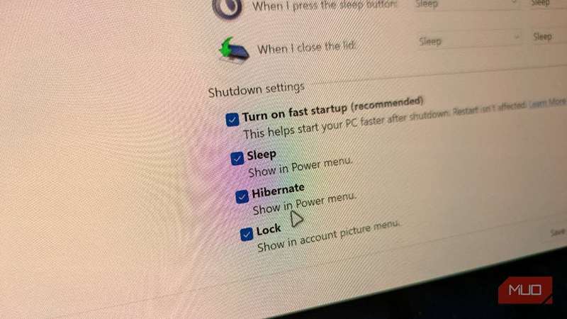 منوی گزینههای برق که تنظیمات خاموشی را نشان میدهد