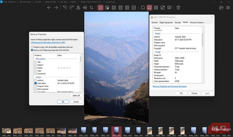 تنظیمات حذف متادیتای تصویر در ویندوز