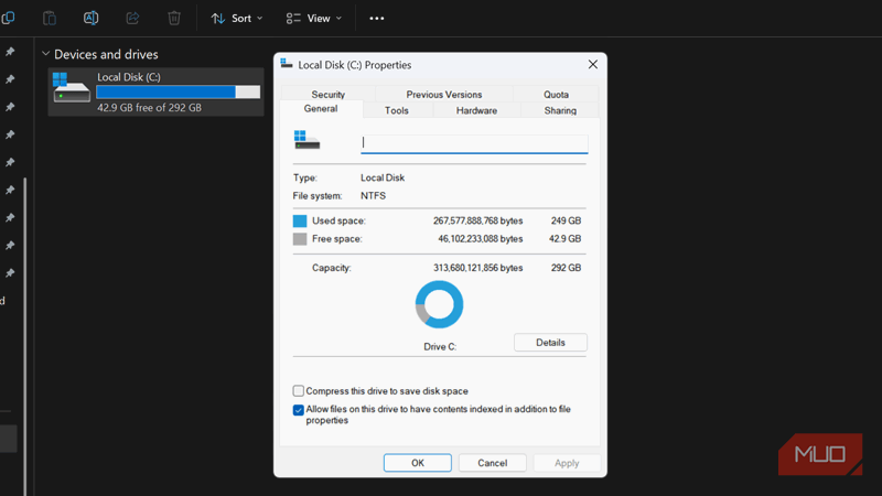ویندوز: خصوصیات دیسک محلی C که ۴۳ گیگابایت فضای خالی را نشان میدهد