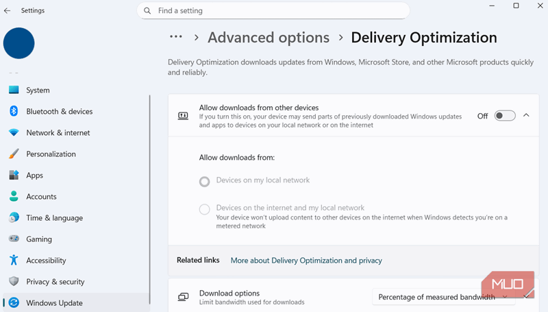 بهینه‌سازی تحویل به‌روزرسانی ویندوز در برنامه تنظیمات