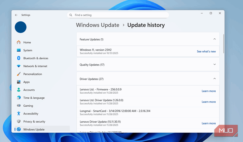 تاریخچه به‌روزرسانی ویندوز در برنامه Settings