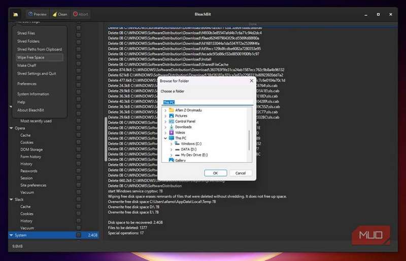 پاک‌سازی فضای آزاد دیسک با BleachBit