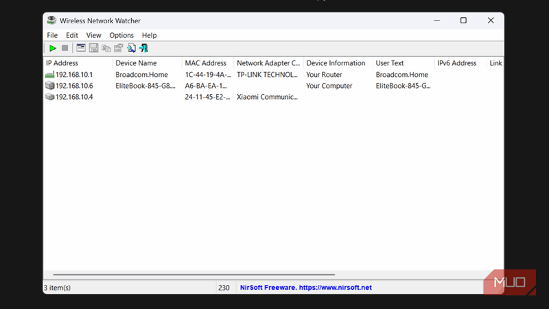 پنجره Wireless Network Watcher.