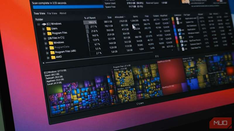 نمای درختی WizTree که آمار دیسک را در ویندوز ۱۱ نشان می‌دهد