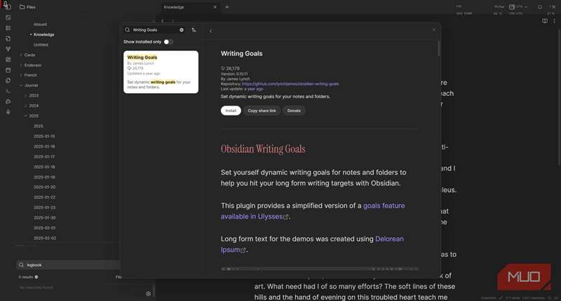 افزونه Writing Goals برای Obsidian