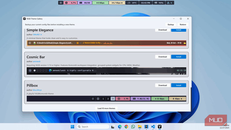 قالب‌های نوار وضعیت YASB بر روی ویندوز