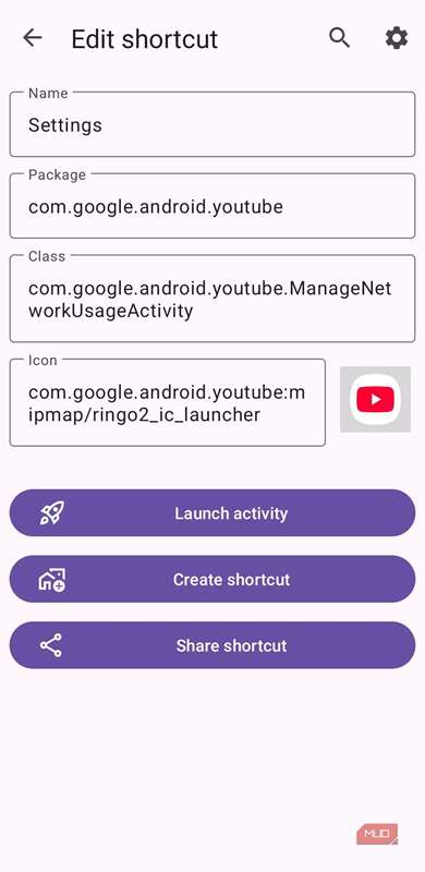 میانبر برنامه YouTube در Activity Launcher