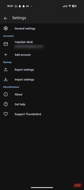 صفحه تنظیمات حساب در Thunderbird برای Android.