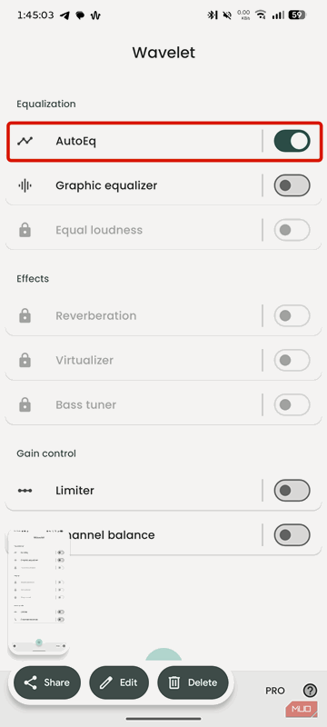 تنظیمات Auto EQ در برنامه Wavelet فعال شد.