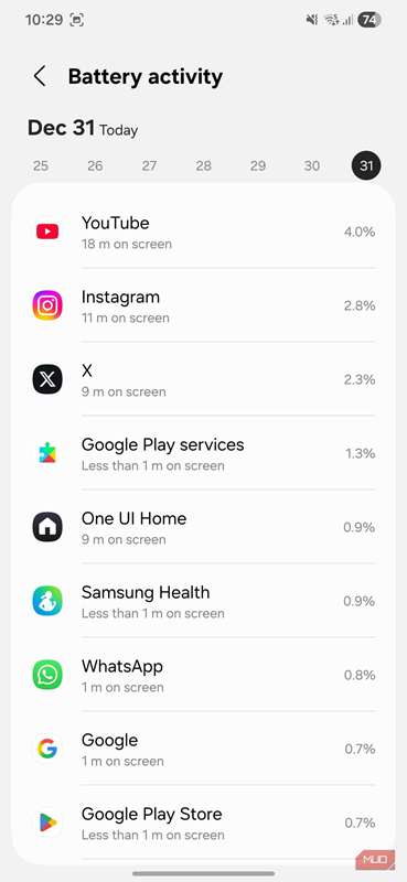 منوی فعالیت باتری در تلفن سامسونگ