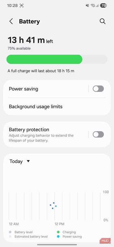 منوی تنظیمات باتری در تلفن سامسونگ