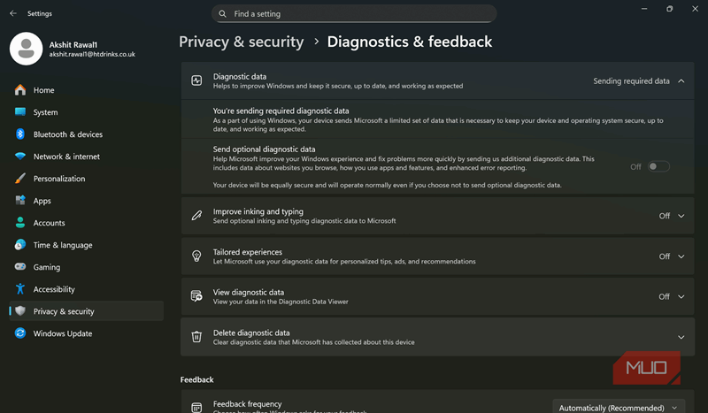 تنظیمات داده‌های تشخیص در ویندوز