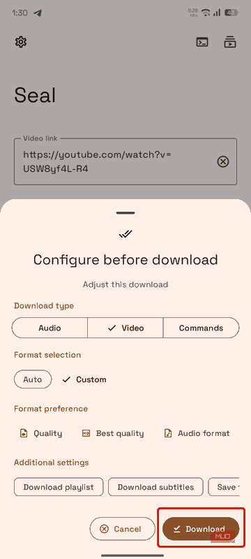 دکمهٔ دانلود در پیکربندی سریع سیل.