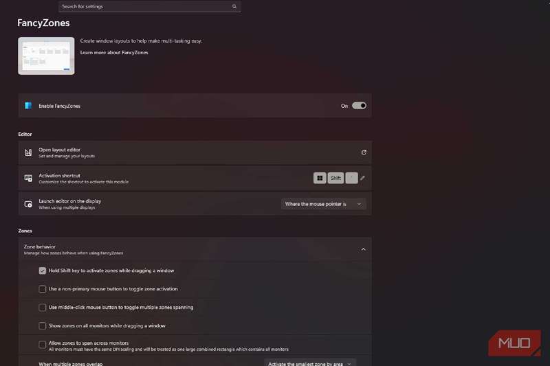 تنظیمات FancyZones