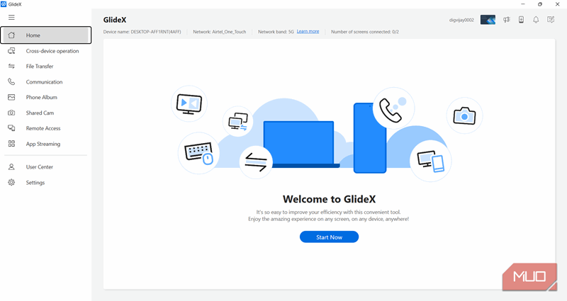 صفحهٔ اصلی برنامهٔ دسکتاپ GlideX