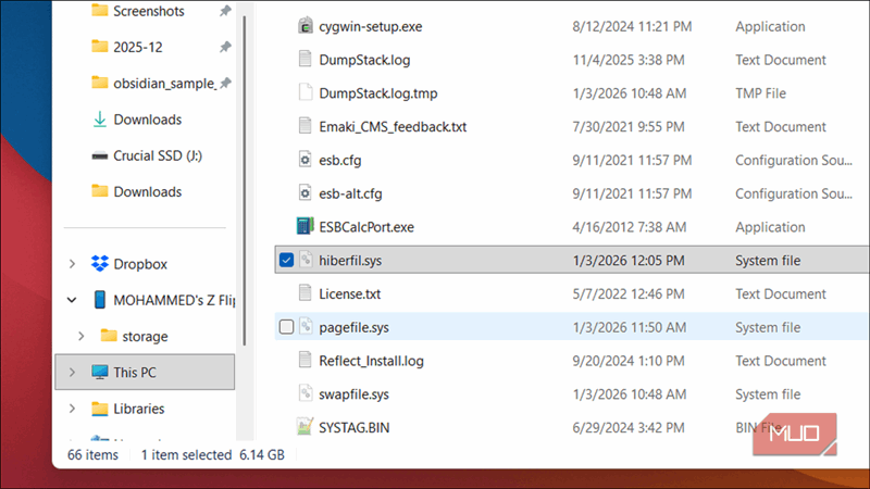 باز کردن فایل اکسپلورر برای hiberfil.sys