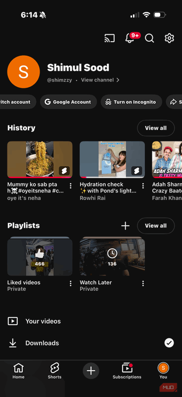 آیکون پروفایل حساب YouTube خود را ضربه بزنید