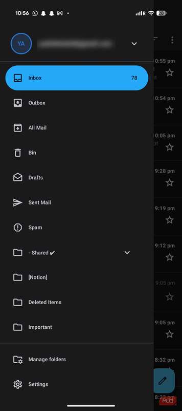 منوی صندوق ورودی در Thunderbird برای Android.