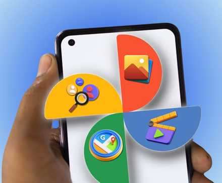 مردی که گوشی اندروید با لوگوی Google Photos بیرون‌آمده و چند آیکون را در دست دارد