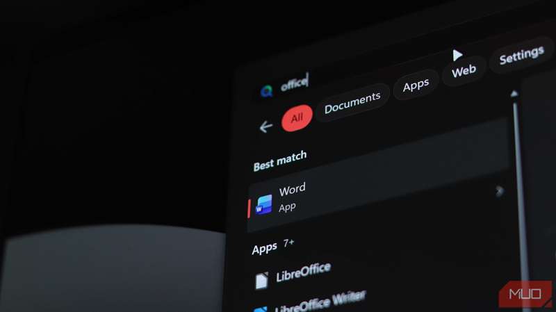 Microsoft Word که در نتایج جستجوی ویندوز نمایش داده می‌شود