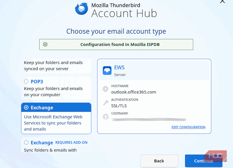 صفحه مرکز حساب Mozilla Thunderbird که نوع حساب Exchange را با جزئیات پیکربندی Outlook Office 365 نشان می‌دهد